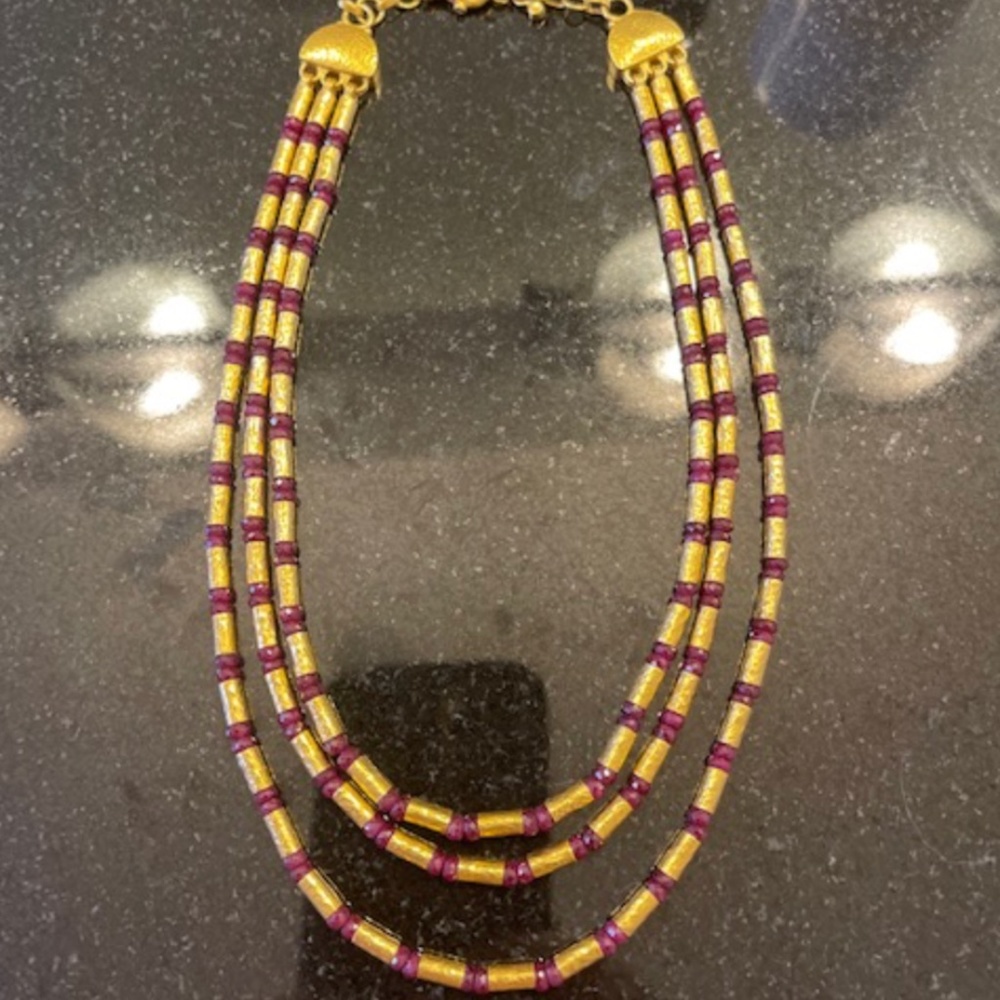 Gurhan 24K Gold & Ruby 3 Strand Necklace - Picture 3 of 8